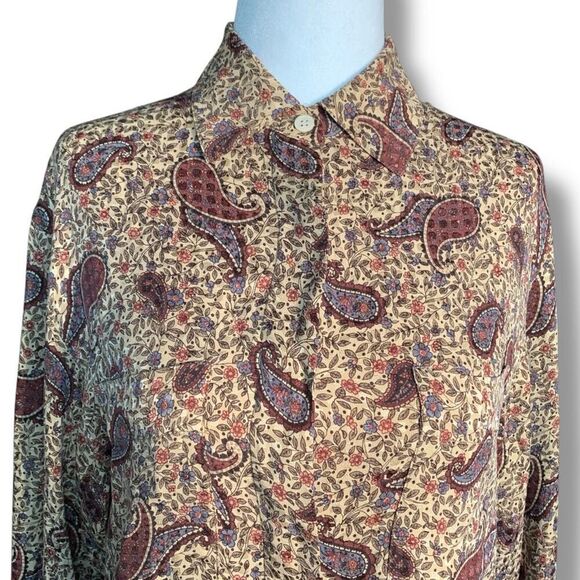 Vintage 90s Top Tan Burgundy Silk Paisley Button Front Long Sleeve Dark Floral 6 - Picture 1 of 11